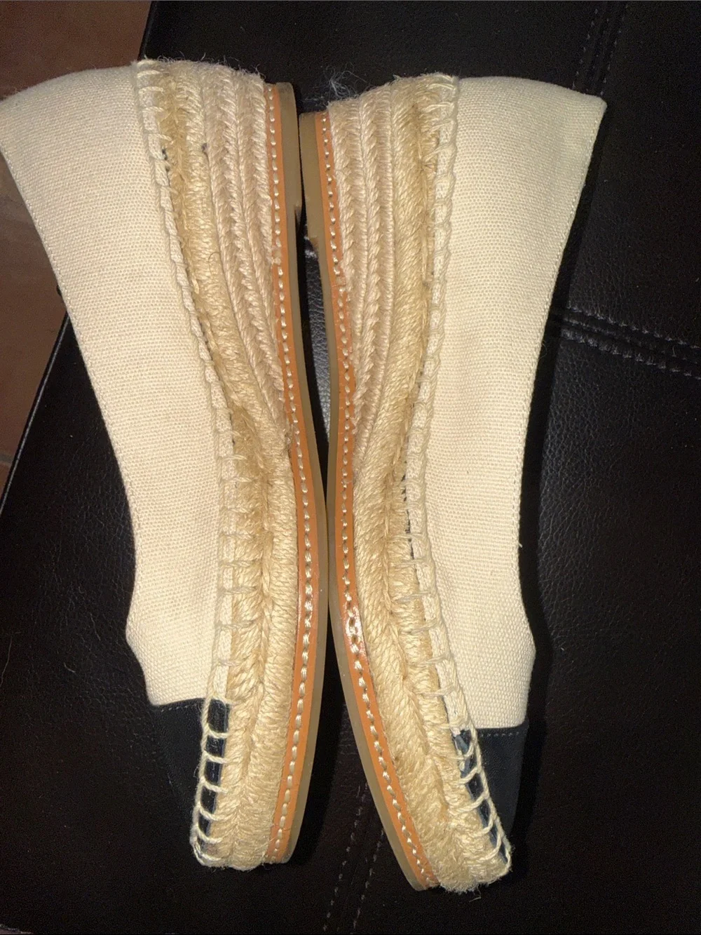 Tory Burch Beige Canvas and Black Leather-Toe Espadrille Flats